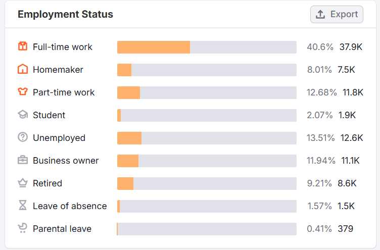 Status de emprego: Full-time 40.6%, Unemployed 13.51%, Part-time 12.68%, Business owner 11.94%, Retired 9.21%